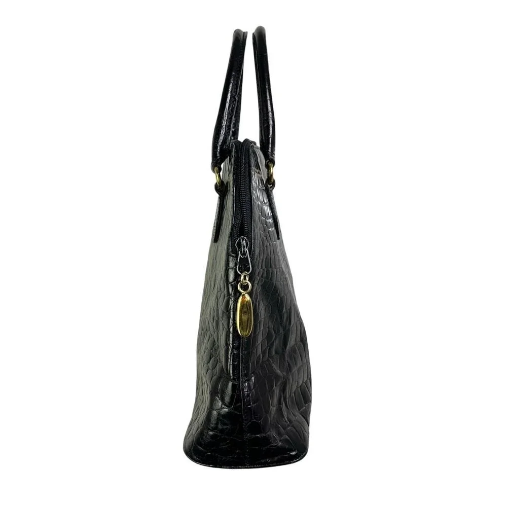 Talbots Handbag Womens Black Faux Croc Gold Trim‎ Old Money Classic Structured
